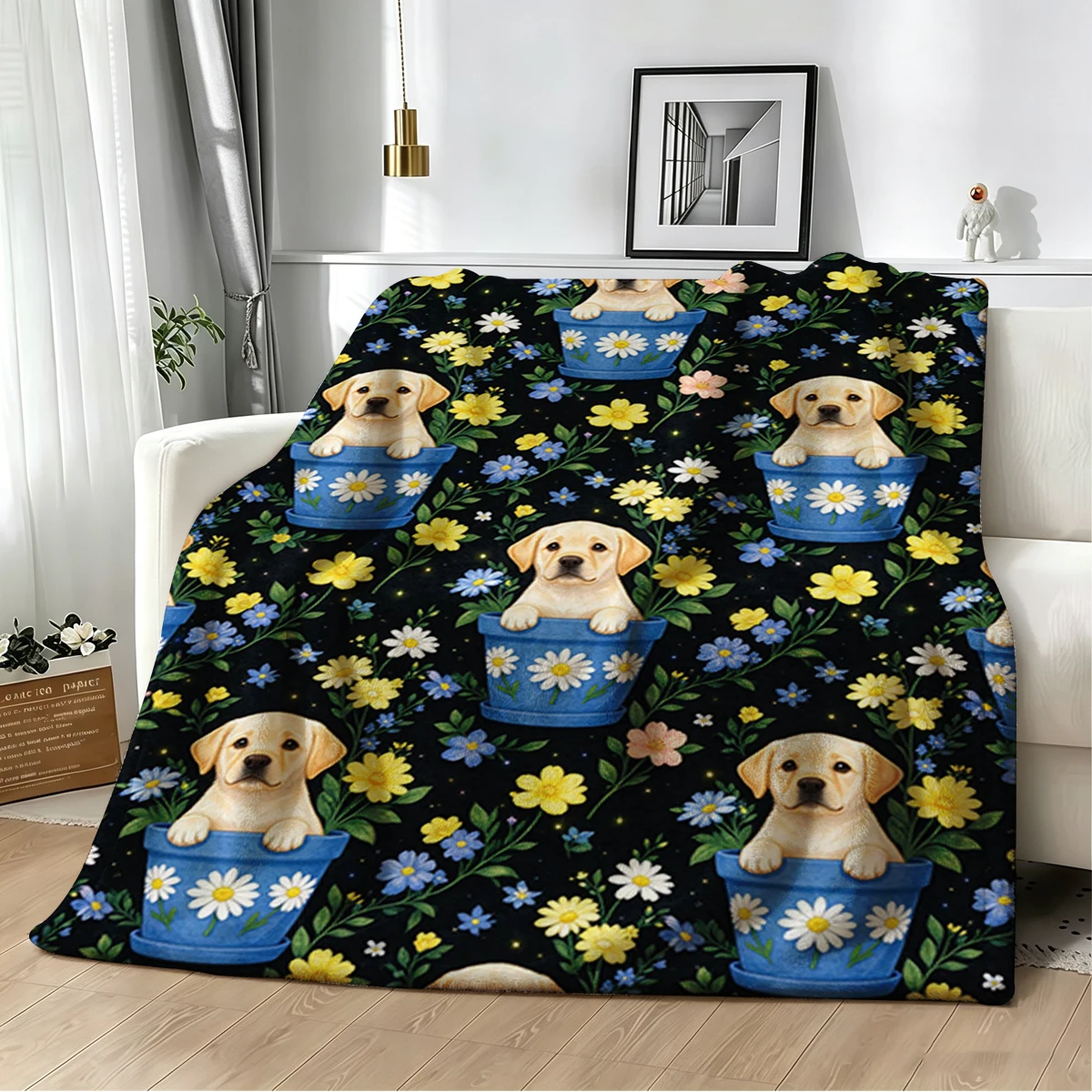 Lab Puppy Daisy Pot Rainbow Flannel Blanket Warm Soft Halloween Christmas Decorative Couch Warm Cozy All-Season Gift