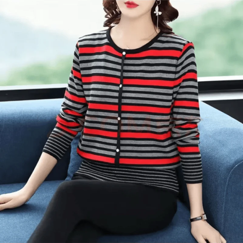 Autumn and Winter Pullover Women Trendy Basic All Match Stripe Round Collar Long Sleeve Button Round Collar Loose Casual Sweater