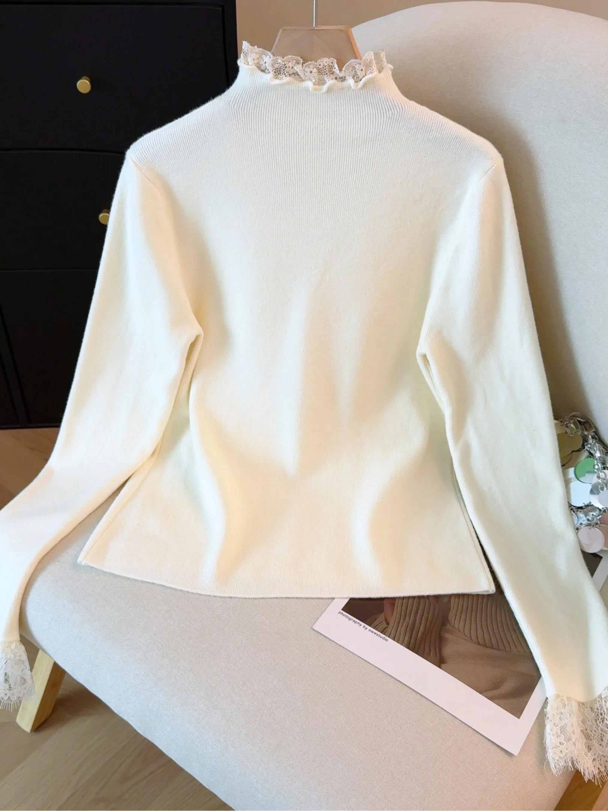 Thiened renda emenda base de malha irt feminino outono inverno roupa interna f gola alta auto-kee sle camisola quente