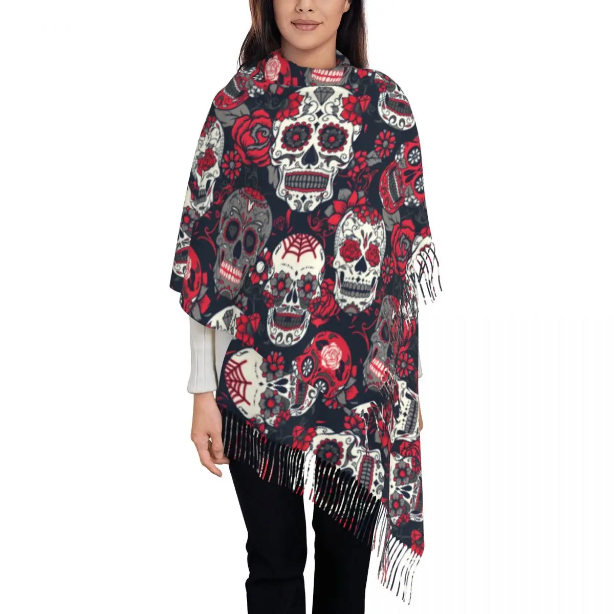 Day Of The Dead Colorful Sugar Skull Shawls Wraps Women Winter Warm Long Soft Scarf Floral Ornament Pashmina Shawl Scarves