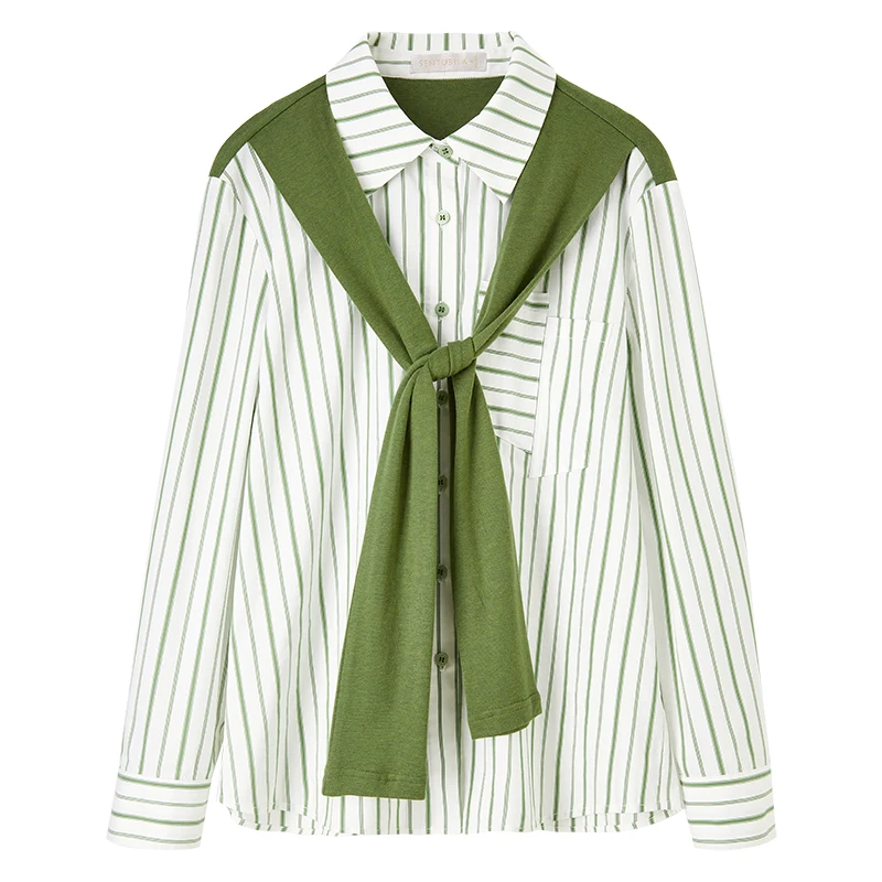 SENTUBILA femmes vert rayé chemises 2025 Patchwork écharpe décontracté jeune à manches longues haut femme automne vêtements 143C57367X