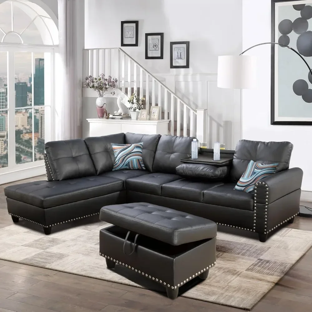 

L Shaped Sofa with Ottoman Modern Nail-Head Design PU Leather Sectional Couches with Chaise, Cup Holder for Living Room