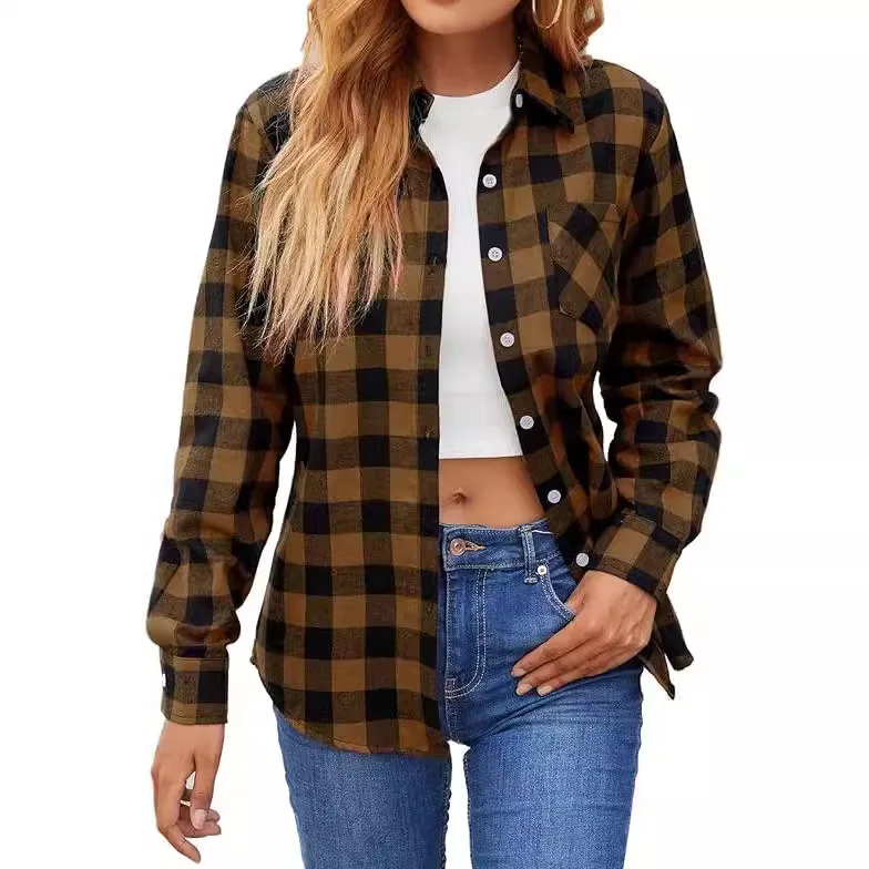 2024 Women's Autumn and Winter New Foreign Trade College Style Sub Shirt European and American Women's Lapel Long Sleeve Plaid