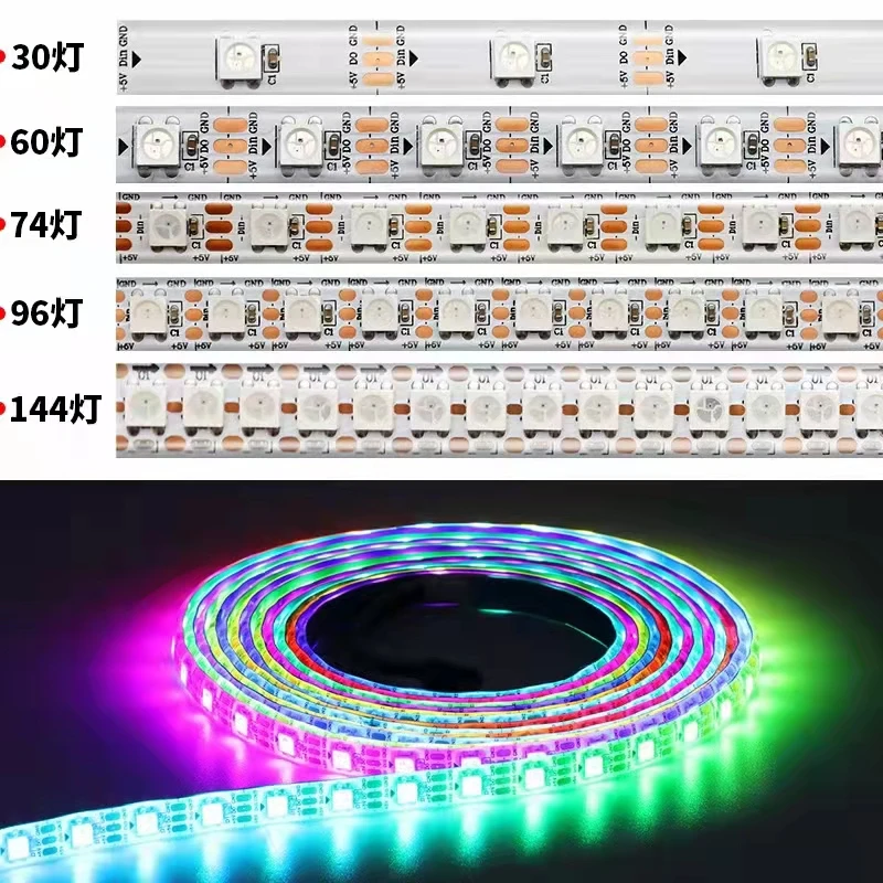 5m/lot DC5V WS2812 5050 RGB Pixel Strip Tape Individuaily Addressable LED Lights 30/60/74/96/144 Pixels/m IP30/65/67 For TV Room