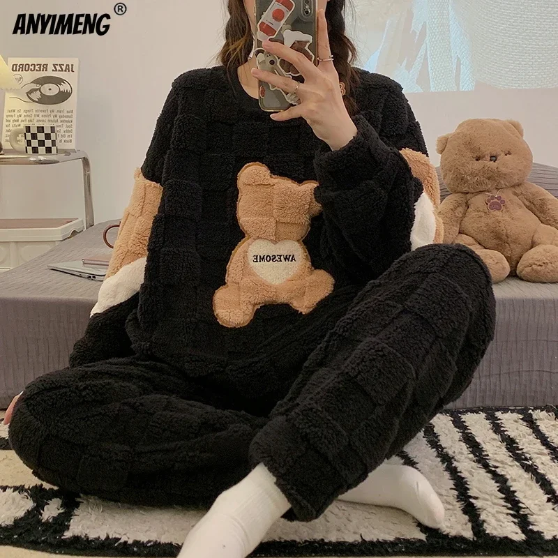 Female Thermal Homewear HQ Winter Women Pajamas Set Pullover Thick Chinese Velvet Sleepwear Teddy Loungewear Korean Girl Pijamas