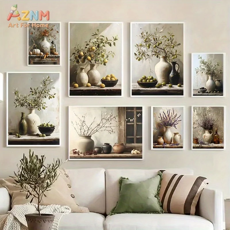 AZNM Impression sur toile de nature morte neutre, motif branche d'olivier, lavande, fruits et vase, style peinture à l'huile vintage, art mural sur toile non encadrée, style ferme