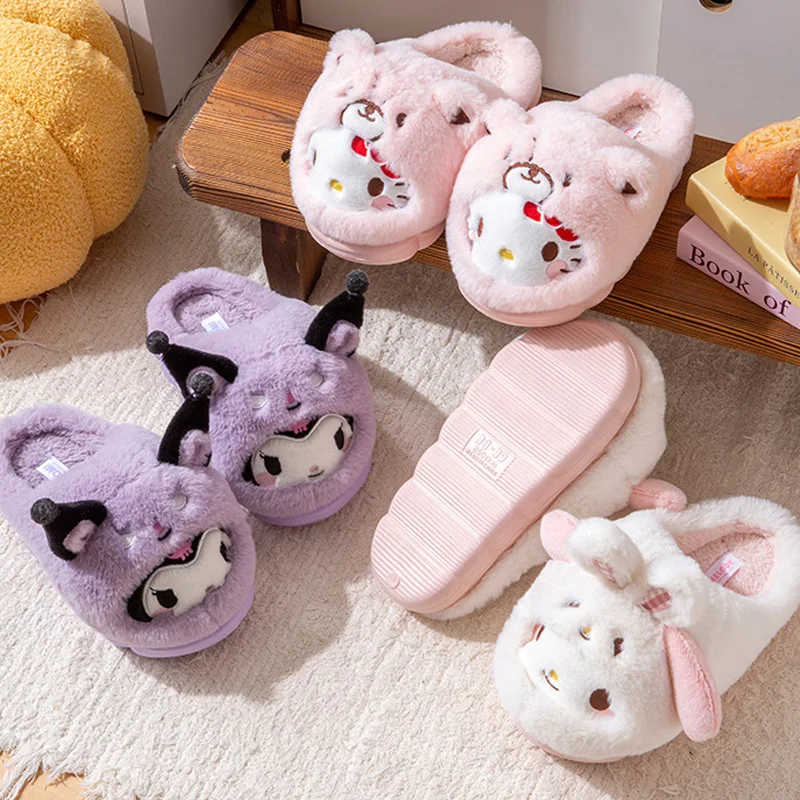 

Cute Kuromi Kt Cat Warm Cotton Slippers Autumn/Winter Thick Anti Slip Soft Comfortable Sole Indoor House Slippers Surprise Gifts