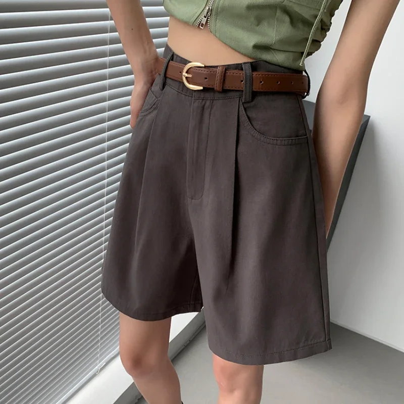 Vintage Cotton and Linen Women's Cargo Shorts Pants 2025 New Summer High Waist Solid Casual Loose Wide Leg Shorts for Women