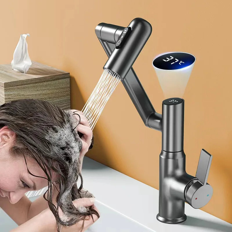 

High-End Brass Smart Faucet,360° Rotating Bathroom Faucet with Digital Display, Flexible Robotic Arm Extension ,Cold/Hot Water