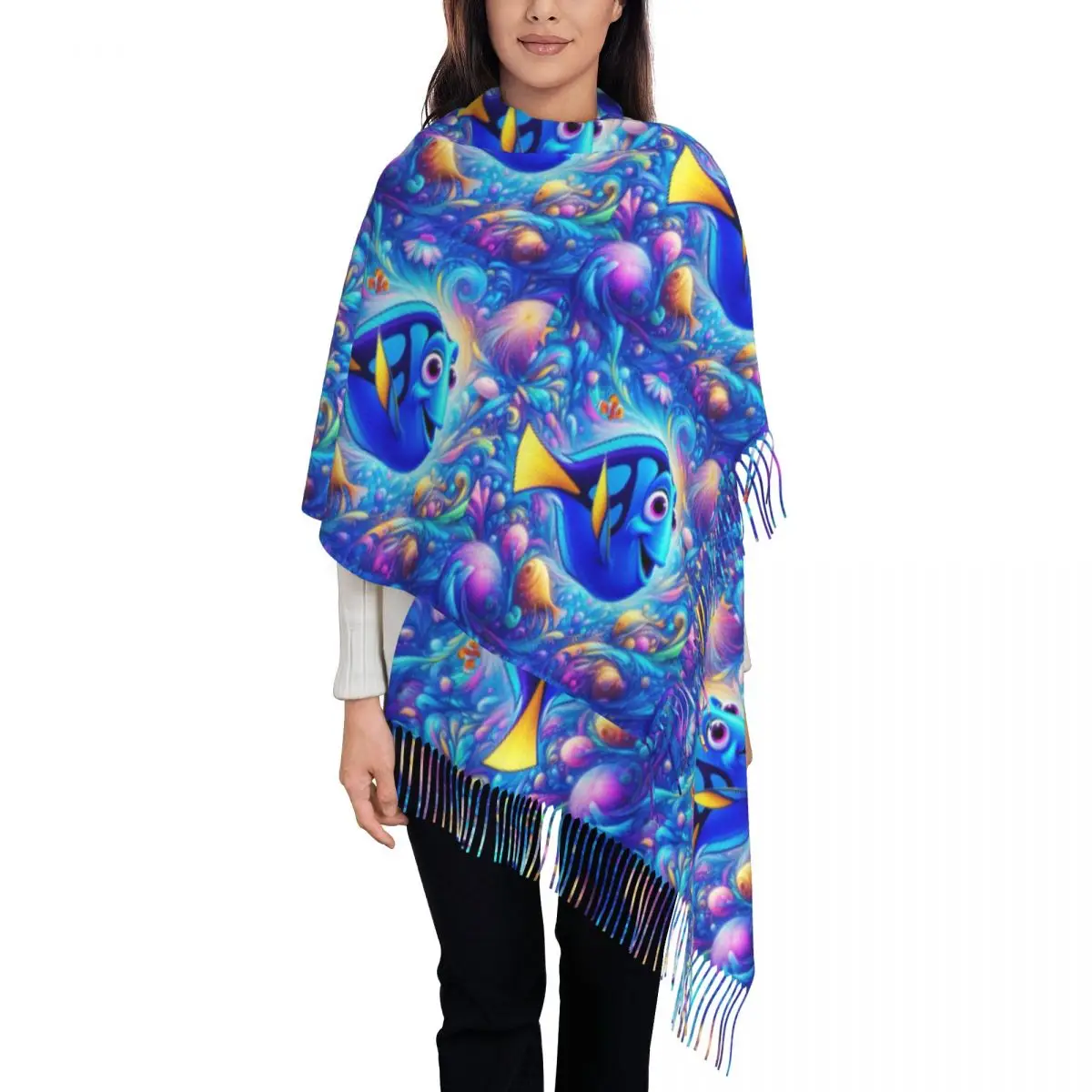 Custom Dory Tassel Scarf Women Soft Finding Nemo Shawls Wraps Lady Winter Fall Scarves