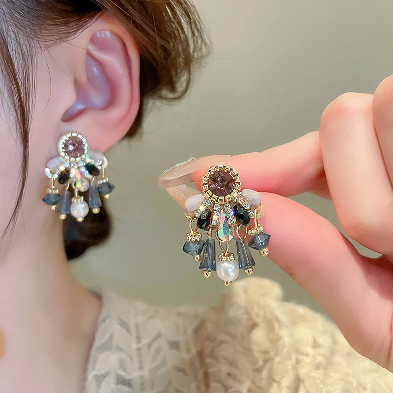 Vintage Colorful Rhinestone Water Drop Earring for Women Imitation Pearl Crystal Beads Earrings with Tassel Ear Jewelry K-