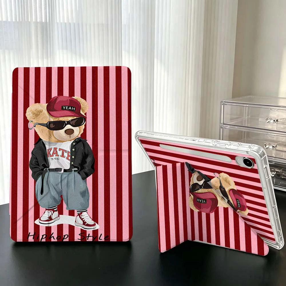 Cartoon Bear Suit Glasses For Samsung Galaxy Tab A9 A8 A11 S6 S7 S8 S9 S10 FE Plus Lite Transparent Y-Shaped Folding Tablet Case