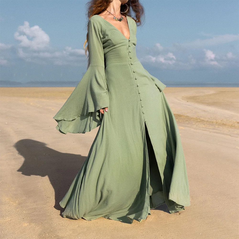 

Classic V-Neck Chiffon Full Sleeve Button Lace Up Pleat Formal Evening Dresses Birthday Party Prom Gowns Customized