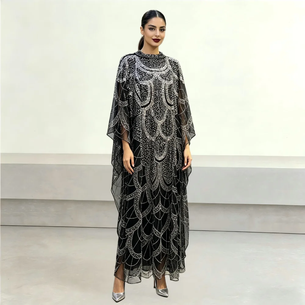 Black Silver Beaded Cape Sleeve Kaftan Maxi Modes Dress Luxury Muslim Evening Party Gown for Women Wedding Guest Formal Occasion