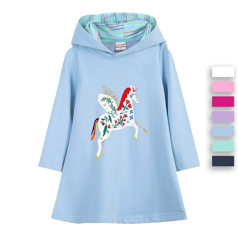 

Kids Clothes Girls Dress Cotton Unicorn Rainbow 2024 New Autumn Fashion Clothing for Children Cartoon Pink Long Sleeve Hooded