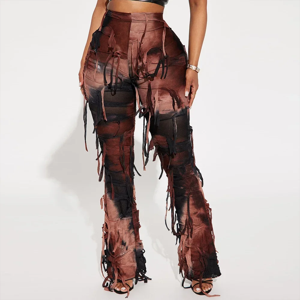 Leosoxs Fashion Women Tie Dye Printed High Waist Drawstring Tassel Flare Pants 2024 Summer Chic Stretch Legging Wide Leg Trouser