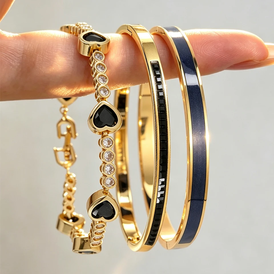 Luxury 1/3 Pieces Jewelry Set For Women Heart Bracelet Zircon Bangle Enamel Bangle Stackable Wedding Party Fashion Jewelry Gift