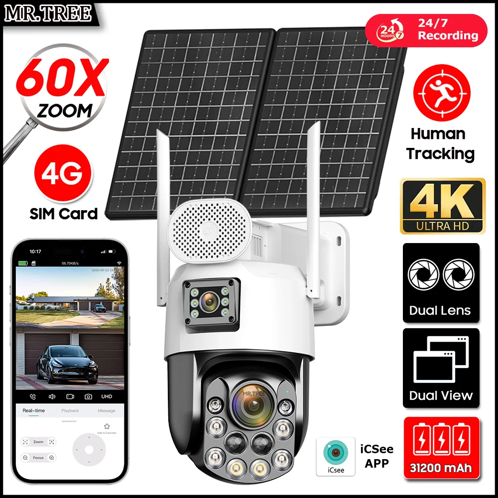 

Солнечная камера с 60-кратным оптическим зумом, 4K, 4G SIM, двойной объектив, PTZ, автоматическое отслеживание человека, 10 МП, видеонаблюдение, наружное наблюдение, 31200 мАч, 7/24-часовая камера