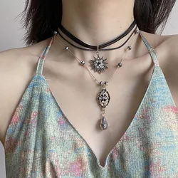Vintage Layered Strap Multi Layered Necklace Women's Collar Chain Bohemian Vacation Crystal Long Chain Pendant Jewelry