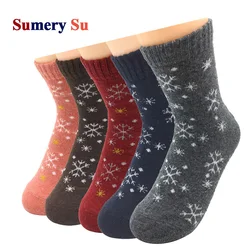Calcetines cálidos de lana para mujer, medias de Cachemira con patrón de hoja de arce, ciervo, flor de nieve, regalo de Navidad, 5 estilos, lote de 5 pares