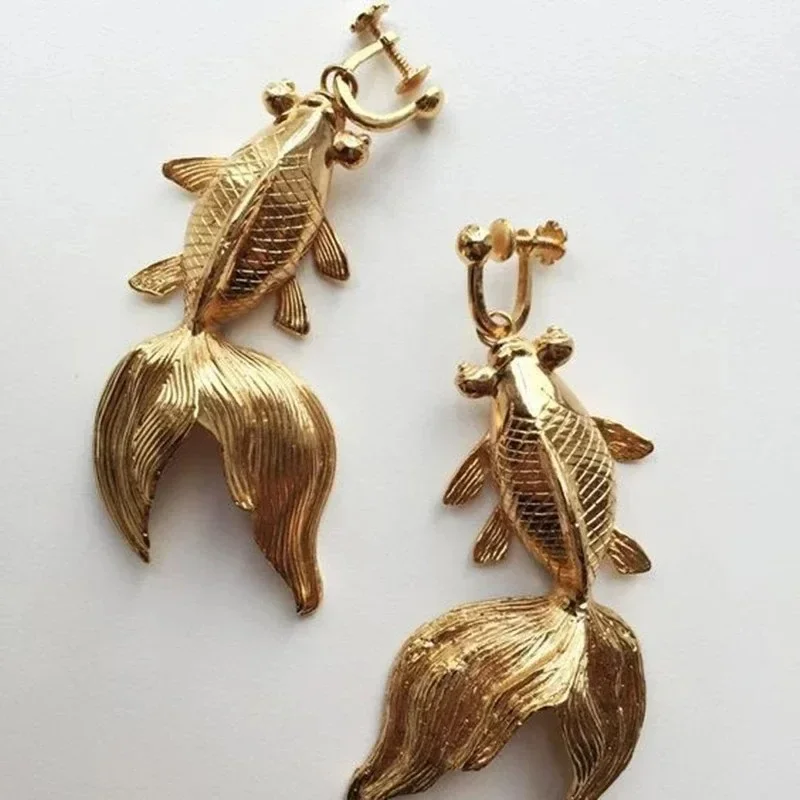 

Vintage Hand Carved Fish Dangle Women's Earrings Gold Color Metal Geometry Daily Wear Party Jewelry Anniversary Gift