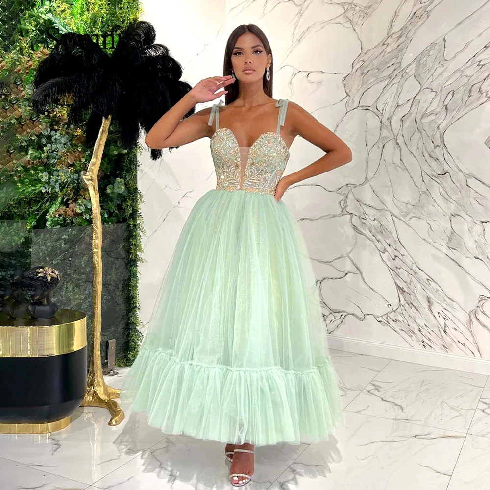 

Emerald Green Tulle A Line Prom Dresses Bow Straps Delicate Beads Sweetheart Party Dress Ankle Length Formal Homecoming Gowns