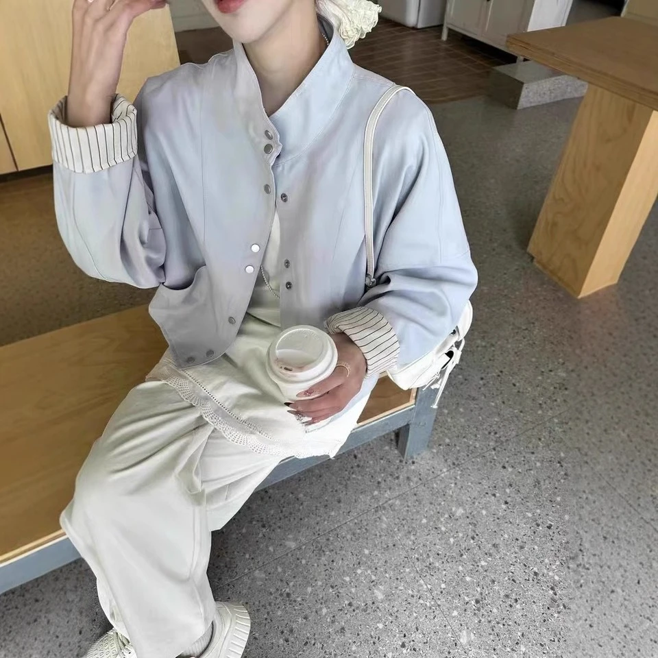 Women Jacket Short Coat Stand Collar Single Breasted Striped Lining Jackets Pockets Overcoat Autumn Office Lady Outerwear