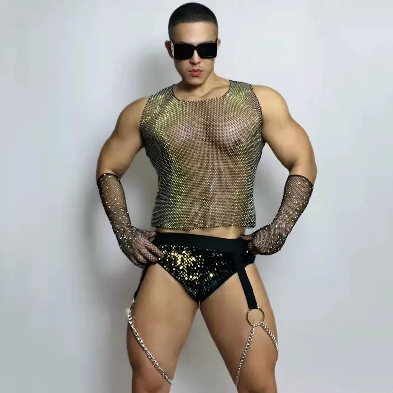 

Sexy Male Pole Dance Costume DJ Nightclub Party Show Rave Outfit Gold Rhinestones Mesh Vest Sequin Shorts Performance Stage Wear