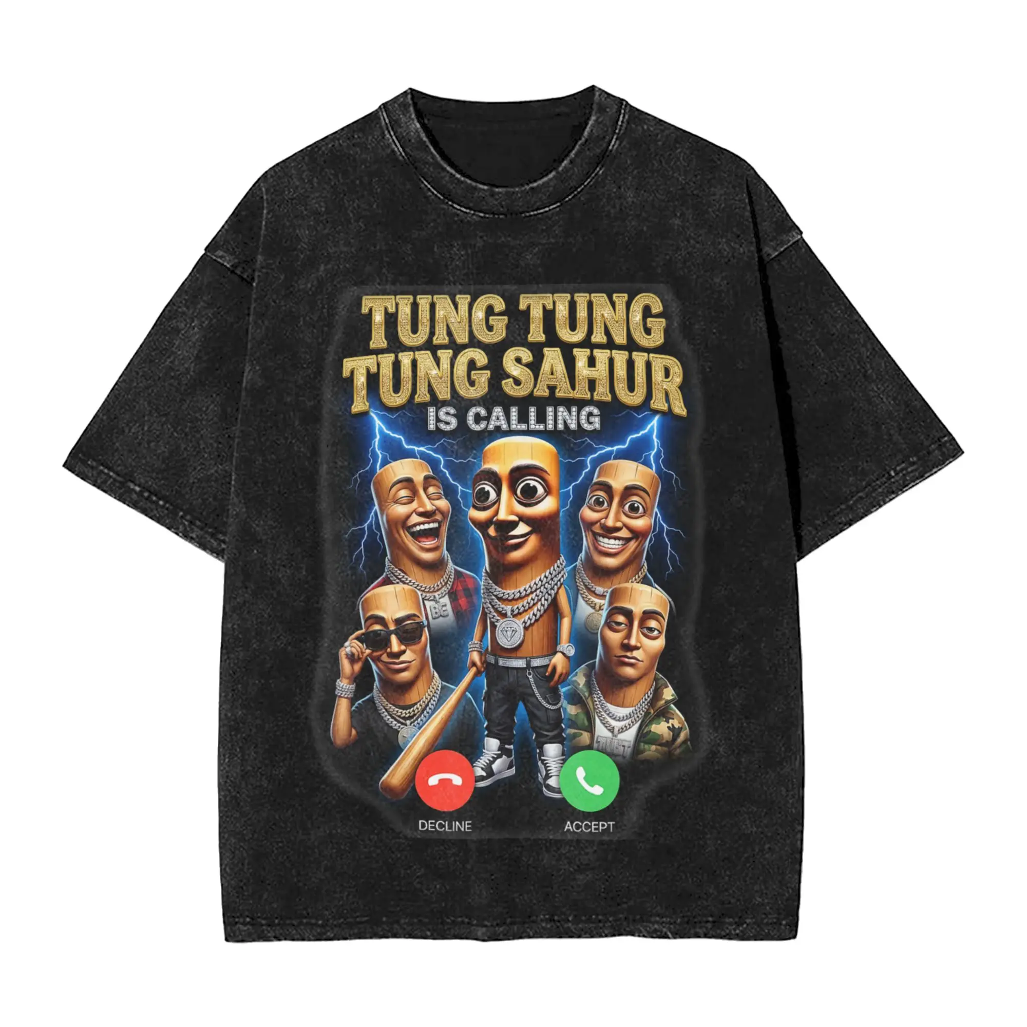 Tung Tung Tung Sahur is Calling Italian Brainrot Meme T-Shirts Men Cotton Washed T Shirt Short Sleeve Tees Plus Size Clothing