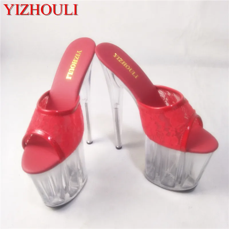 

Lace material women's shoes 15-17cm high heel sandals, model stage 6-inch high heel with crystal soles pole dance shoes