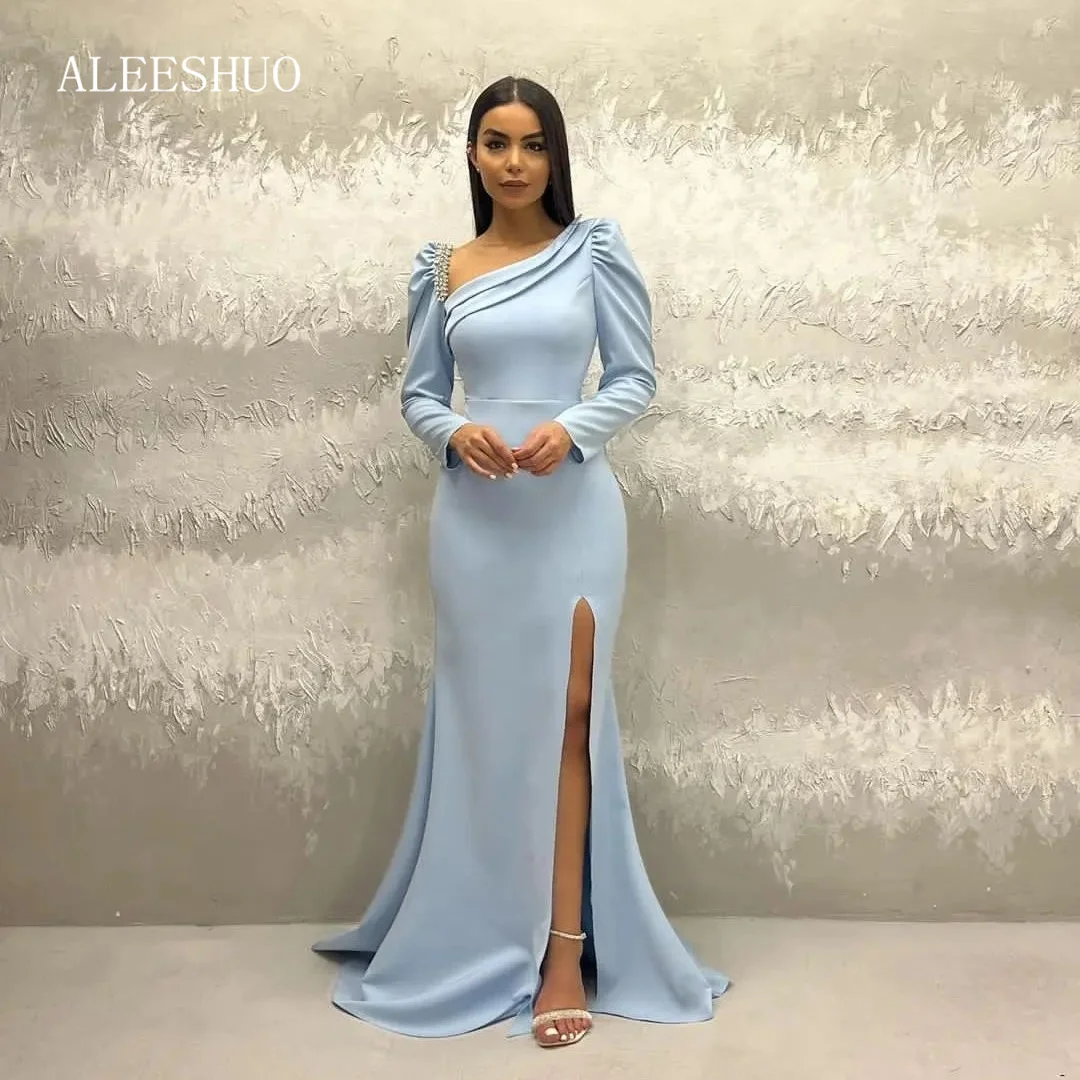 Aleeshuo Elegant Sky Blue Boat Neckline Prom Dress Long Sleeves Side Split Mermaid Evening Party Dress For Women 2024