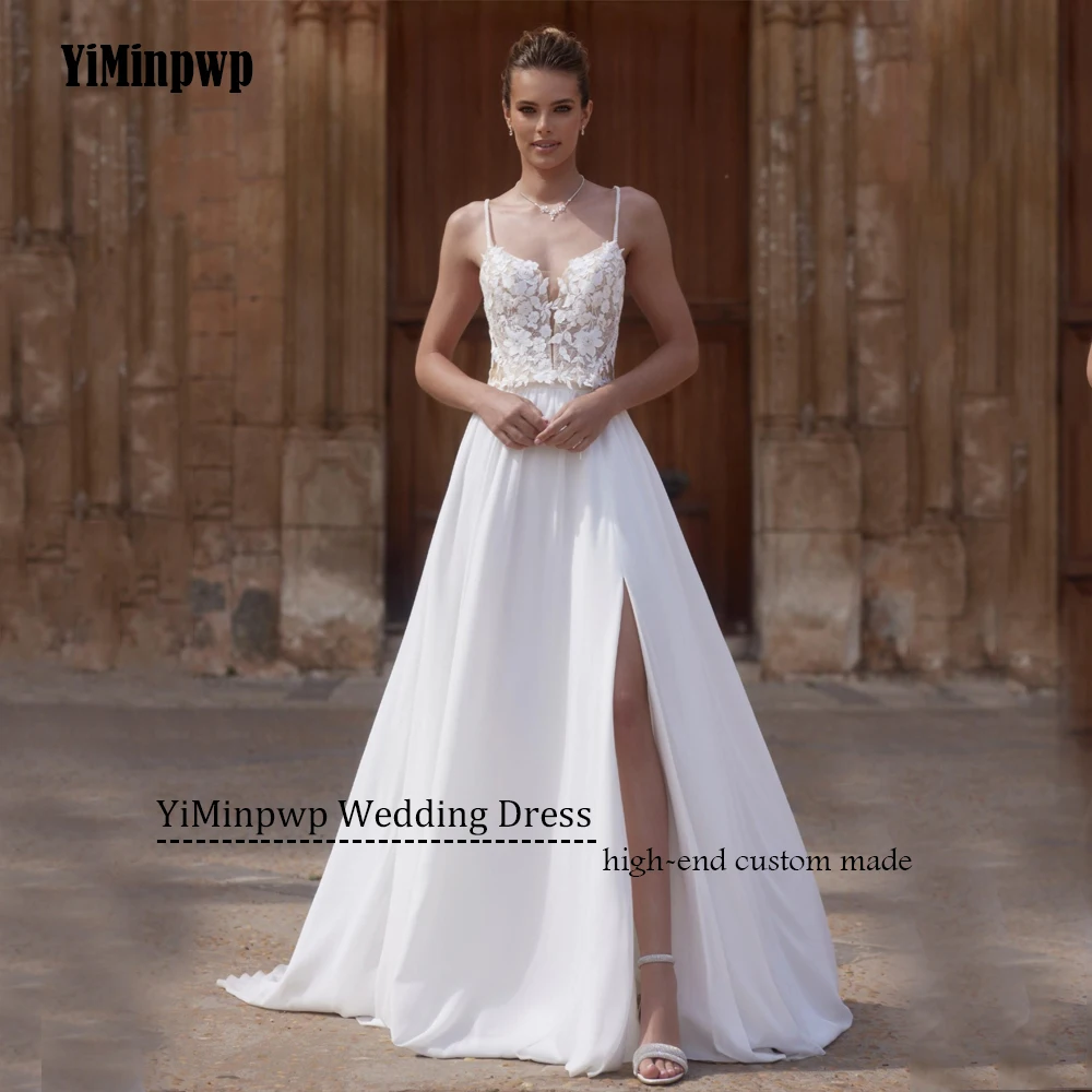 بوهو فساتين الزفاف الدانتيل الشاطئ الخامس الرقبة فساتين الزفاف السباغيتي الأشرطة ألف خط زين فستان الزفاف 2025 سويب تراين مخصص