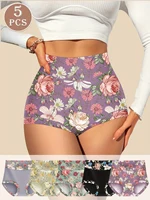 Paquete de 5 ropa interior de mujer de cintura alta levantamiento Abdominal y levantamiento de glúteos patrón impreso estilo cómodo