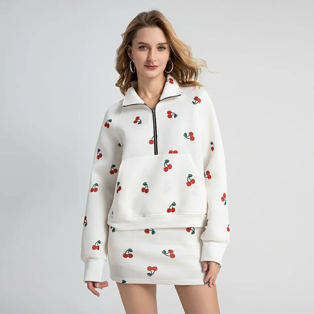 

Hot Selling Women Short Skirt Set Half Zipper Hoodies With Pocket Sweatshirt Mini Skirt Casual Cherry Print Female Two-Piece Set