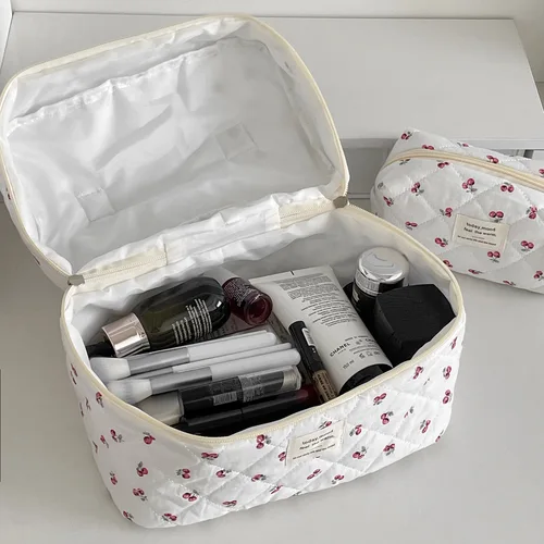 Imagen 2 del producto Bolsa de maquillaje de cereza, bolsas de cosméticos para mujer, bolsa de almacenamiento de viaje para cosméticos bonita portátil a la moda, bolso de mano acolchado de algodón con cremallera