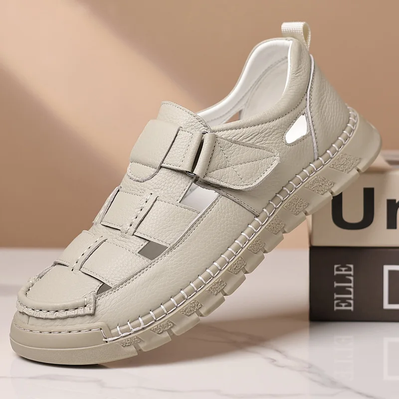 Men's Non-stinky Foots Sandals Summer New Men's Hollow First-layer Cowhide Casual Leather Shoes Men's Breathable Soft-soled Shoe