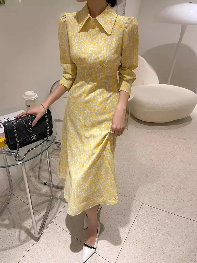 Peter Pan Collar Floral A Line Midi Shirt Dress Vintage Elegant Fall Spring Yellow Office Korean Puff Sleev Korean Blue Sukienka