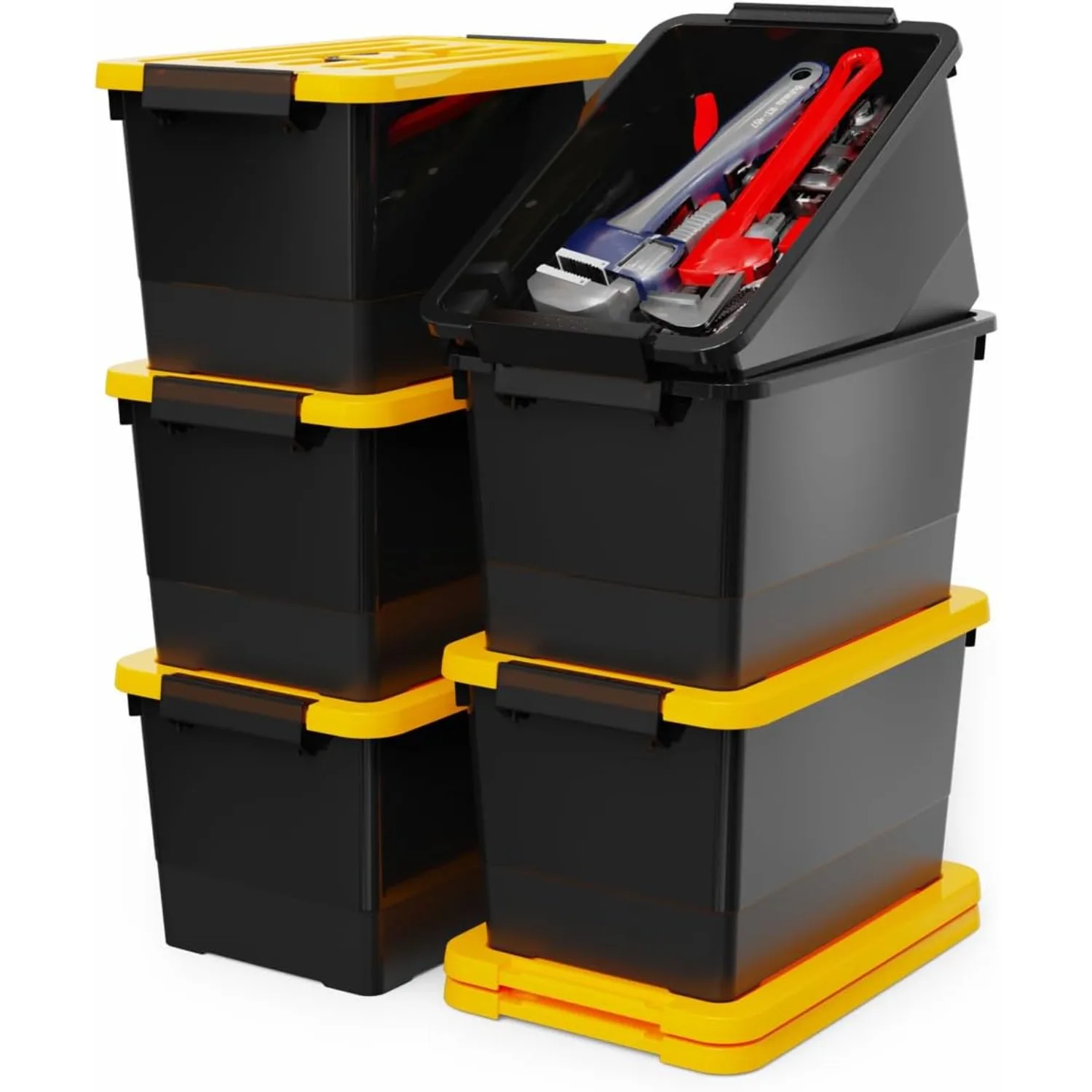 

WYT 17 Quart Stackable Plastic Storage Bins with Yellow Lids, 6 Pack Black Containers with Latching Buckles and Handle