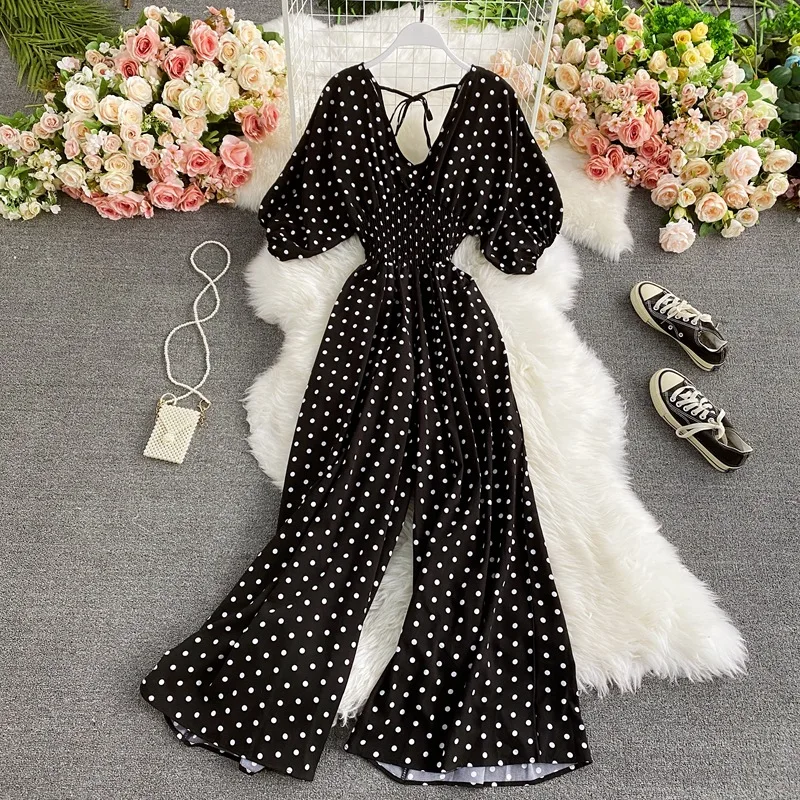 V Neck Sexy Dolman Sleeves Waist Slim Polka Dot Print Jumpsuit Women Wide Leg Trousers Jumpsuit