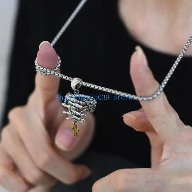 5asd Fashionable Prayer Hands and Skeleton Crucifix Necklace/Pendant Jewelry for Music Festivals Parties and Daily Outfits