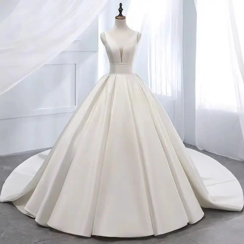 

A Line Simple Women Wedding Dresses V Neck Bridal Dress Backless Sexy Satin Wedding Gowns Customized