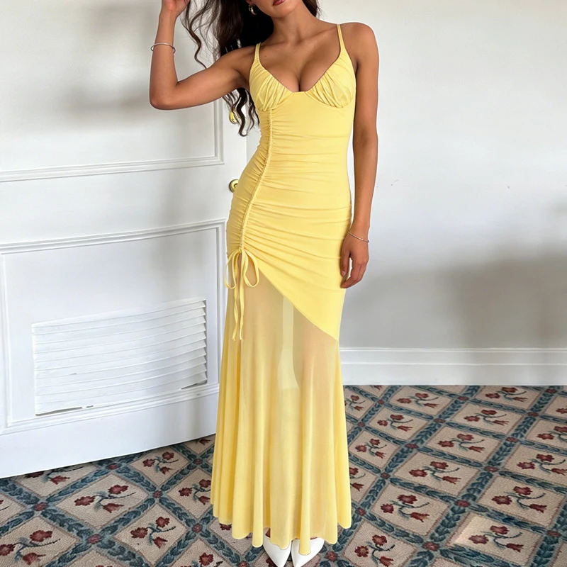 V-neck Solid Camisole Summer Dress Irregular Drawstring Slim Fit Women Long Dress Backless Hollow Out Pleated Beach Dresses