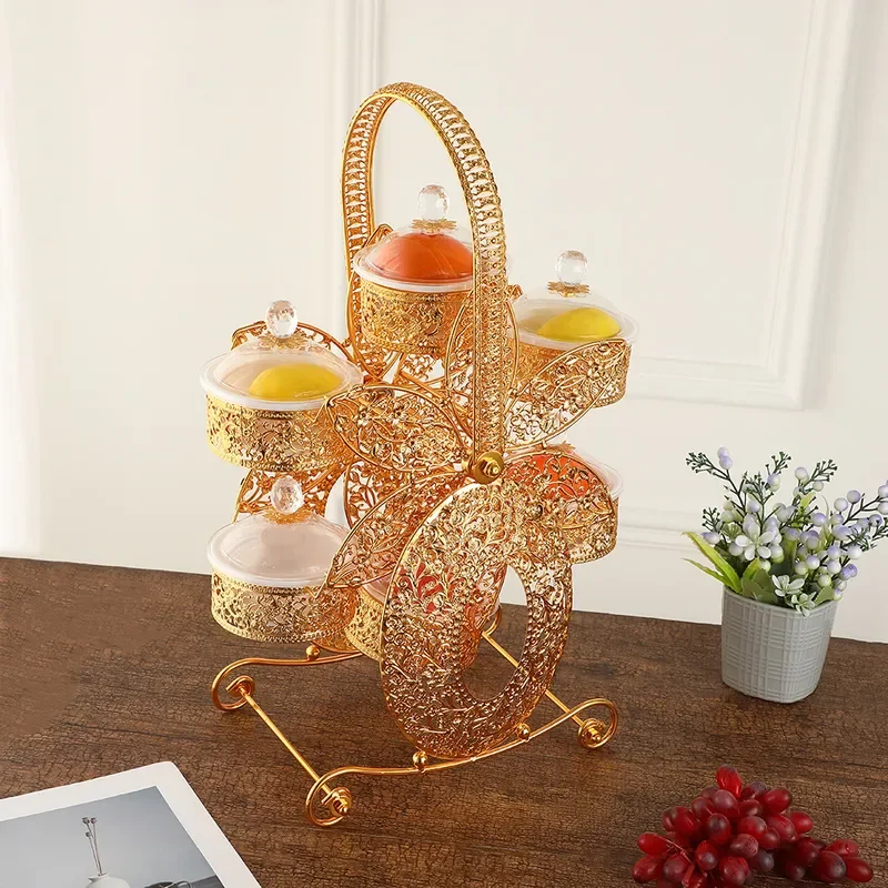 Rotating Wrought Iron Acrylic Fruit Plate With Lid European Style Windmill Design Creative Snack Box For Living Room Dried