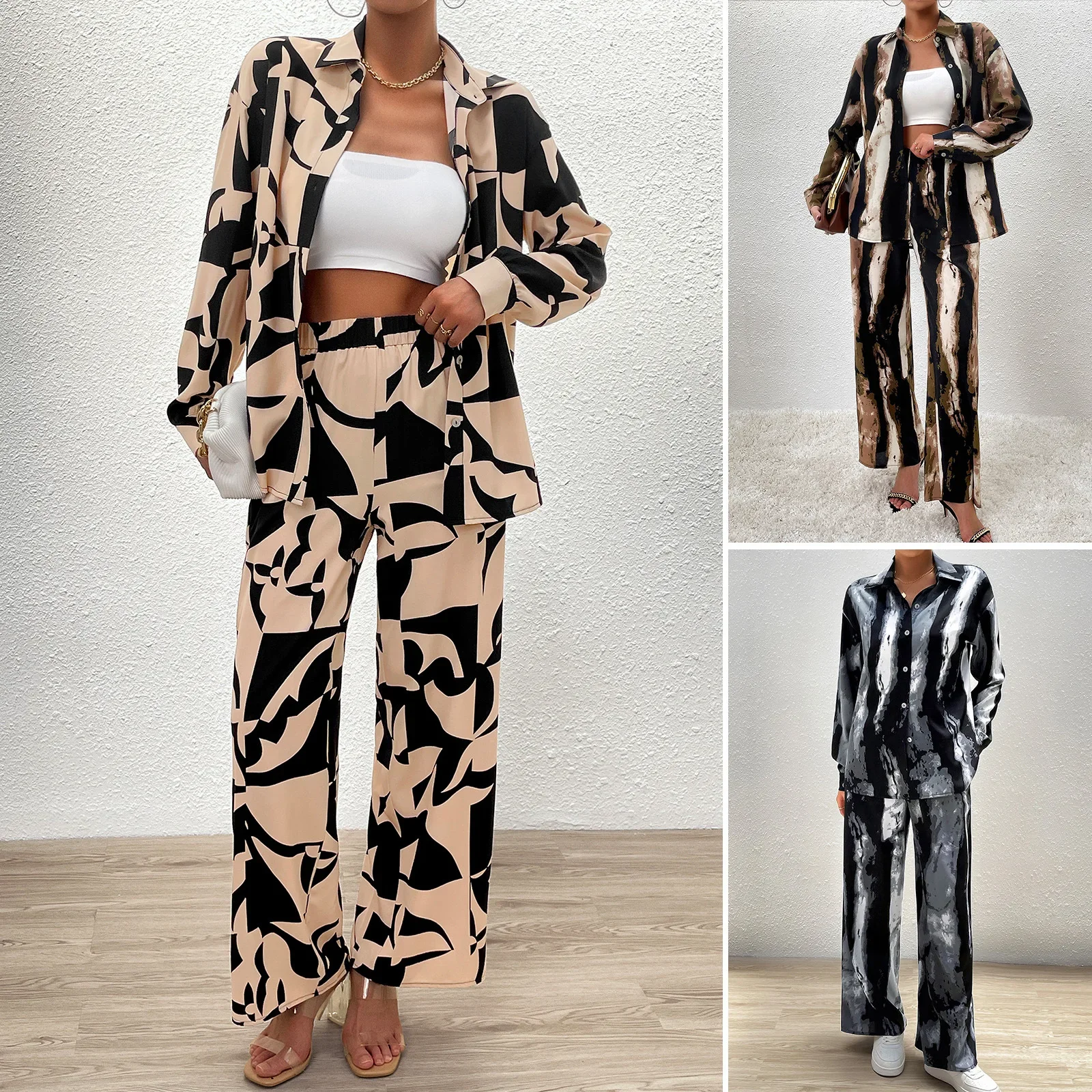 

Women's Top Pants Two-Piece Set Fall/Winter 2024 Temperament Casual New Fashion Print Set Long Sleeve Lapel Shirt