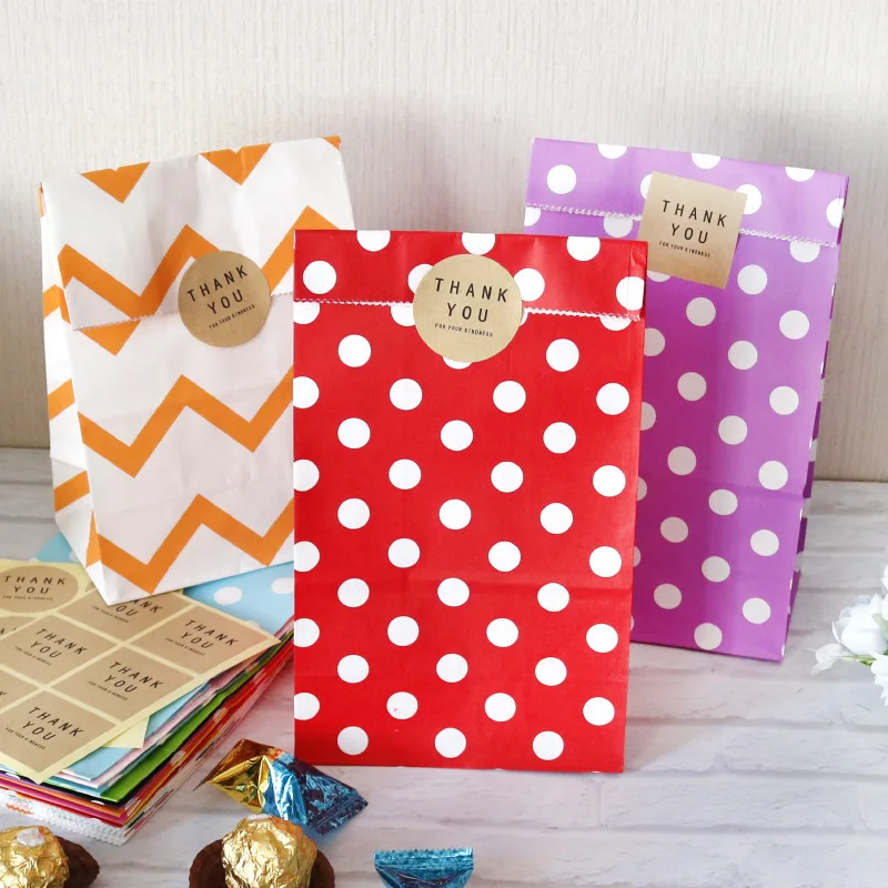 Paper Bags Chevron Dots Pattern Standable Open Top Paper Bag Wedding Birthday Party Cookie Candy Packaging Supplies 10pcs/set