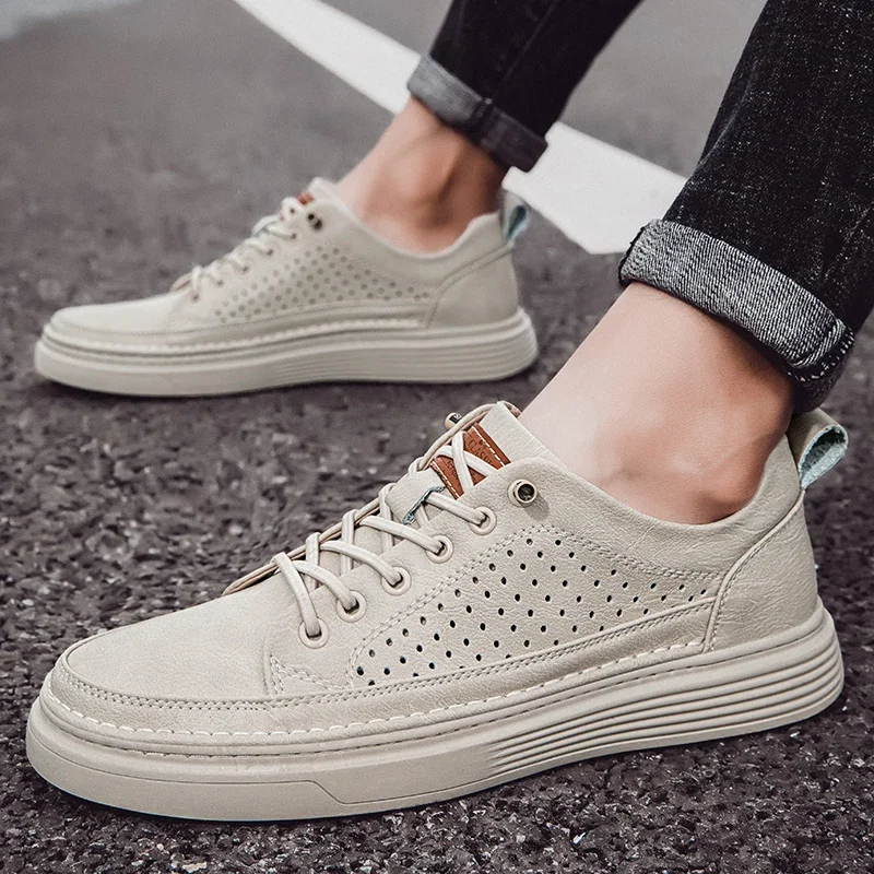 Sapatos Oxford de couro genuíno para homens, tênis ao ar livre respirável, sapatos de couro artesanal, sapatos casuais, verão