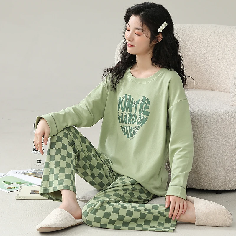 Green Plaid Pajamas Cute Casual Sleepwear Long Sleeves Long Pants Autumn Winter Kawaii Pyjamas Cozy Pijamas Soft Nighty Lady Pjs