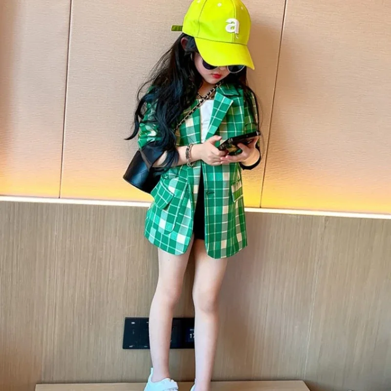 Girls Plaid Blazer Jacket Kids Spring Summer Fashion Outerwear Trendy Casual Suit for Medium Children Stylish Chic Tween Clothes