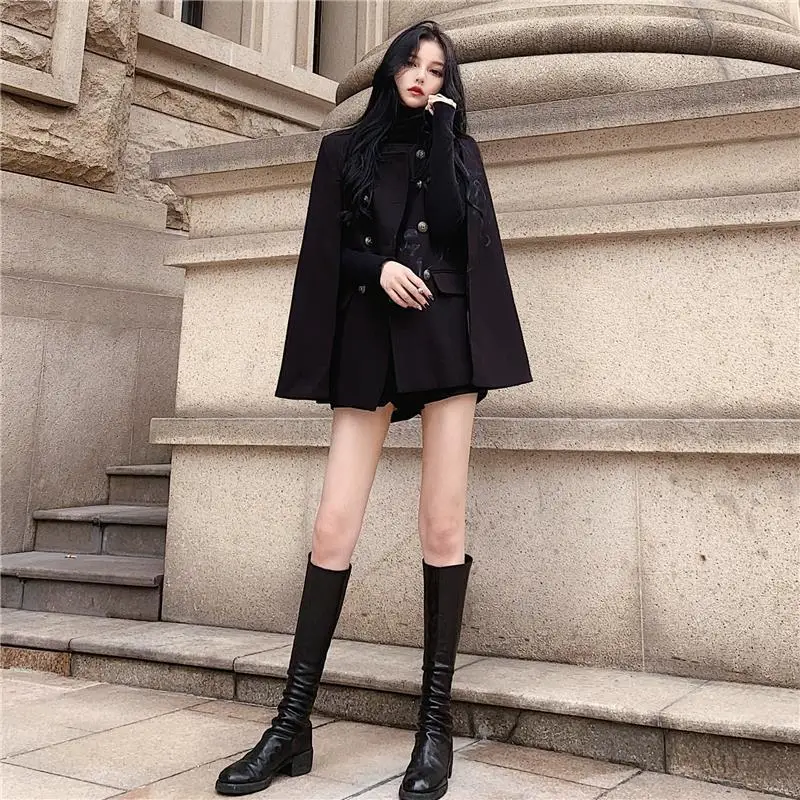 Cloak Woolen Poncho Coat Women Autumn and Winter 2024 Casual New Style Double Breasted Loose Thin Solid Shawl Female Tops T324