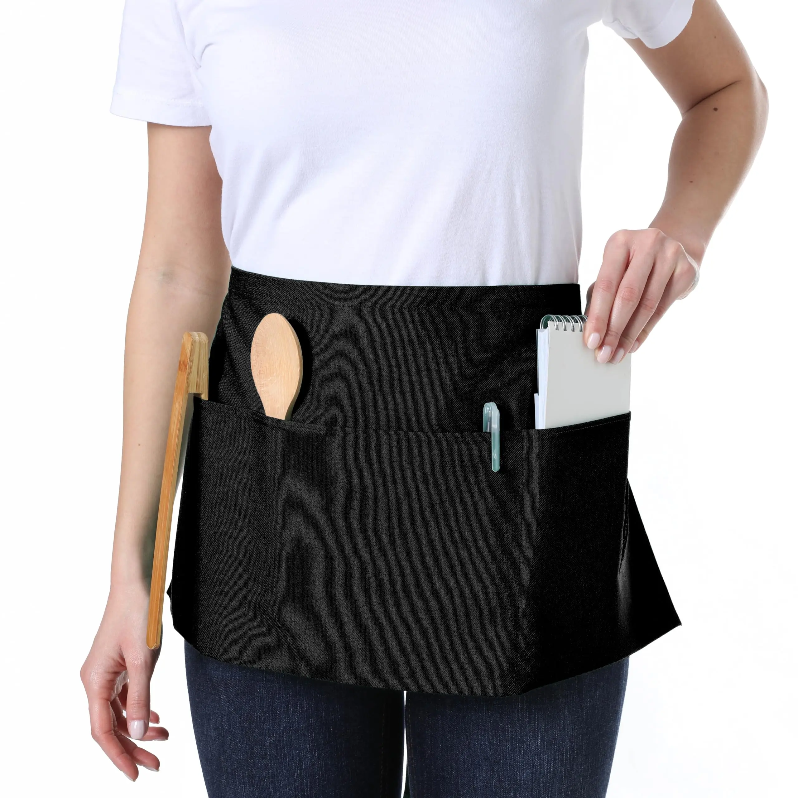 Waist Apron with 3 Pockets Waterdrop Resistant 1 Pack Cotton Waitress Apron